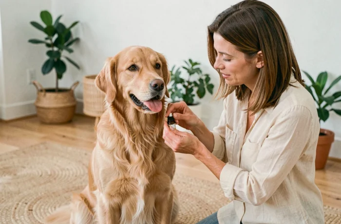 Femme appliquant une huile essentielle naturelle sur le pelage d'un golden retriever pour soulager les démangeaisons