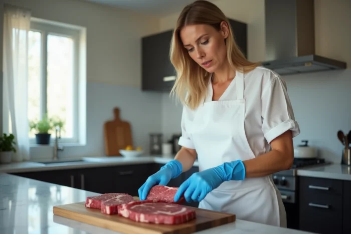 Femme avec des gants nitrile inspectant de la viande crue sur une planche en bois dans une cuisine moderne pour détecter des œufs de mouche