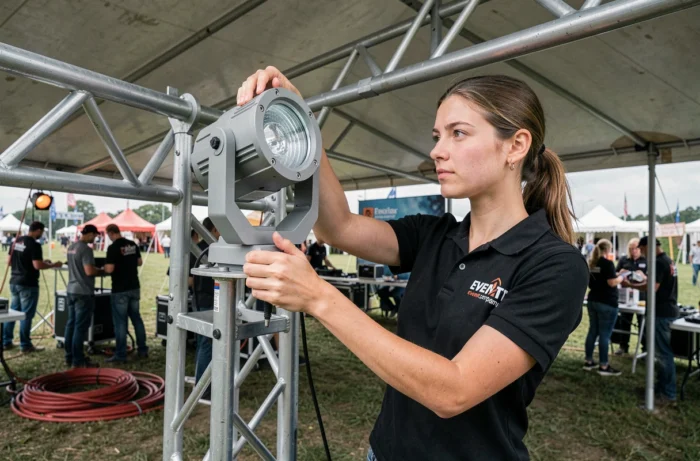 Technicienne événementielle installant un projecteur à tête mobile sur une structure truss lors d'un festival en plein air