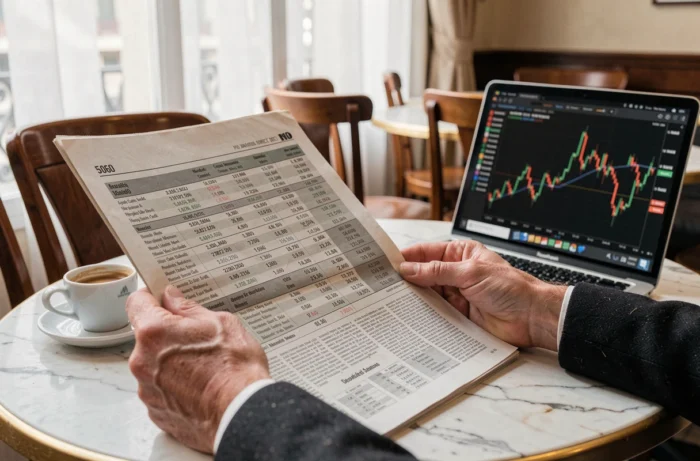Investisseur lisant les données de l'indice boursier EuroPX1 dans un journal financier dans un café parisien