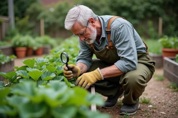 Jardinier inspectant ses fraisiers pour détecter la présence de carabes ravageurs