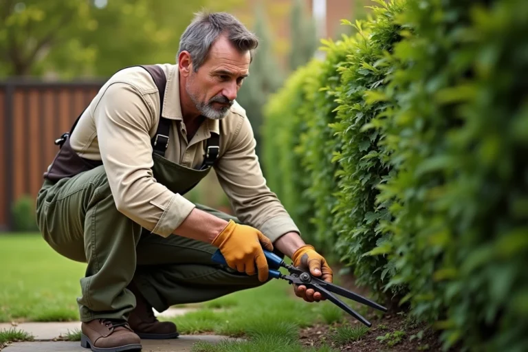Jardinier professionnel en train de tailler une haie dans un jardin entretenu, illustrant le coût horaire d'un jardinier