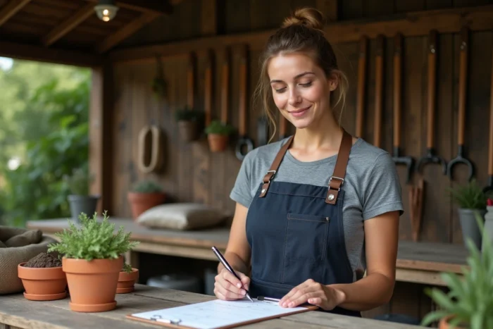 Jardinière consultant un devis sur un presse-papiers dans un atelier de jardinage, pour illustrer l'estimation du budget jardin