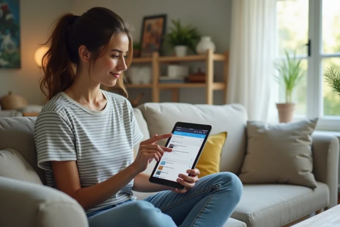 Jeune femme vérifiant l'historique de ses annonces Leboncoin sur une tablette depuis son canapé