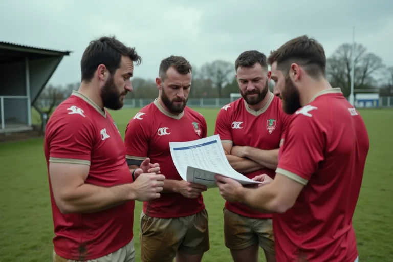 Joueurs de rugby fédéral analysant le classement après un match sur le terrain