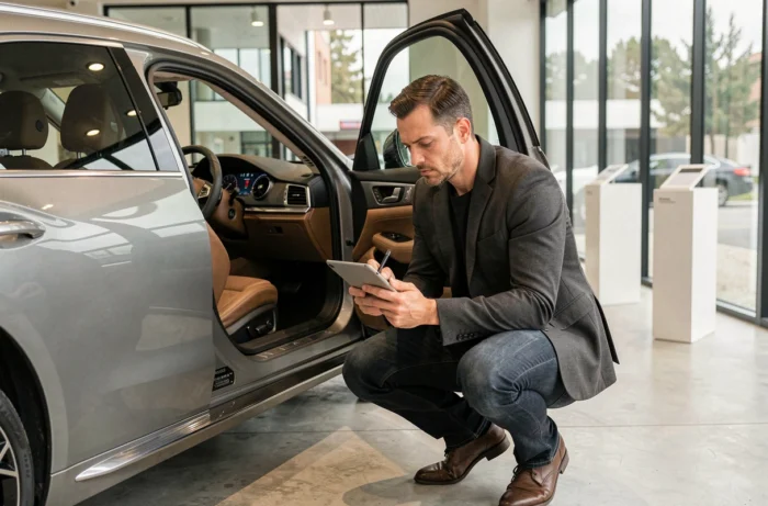 Journaliste automobile prenant des notes devant un SUV haut de gamme dans un showroom moderne, actualités auto 2024