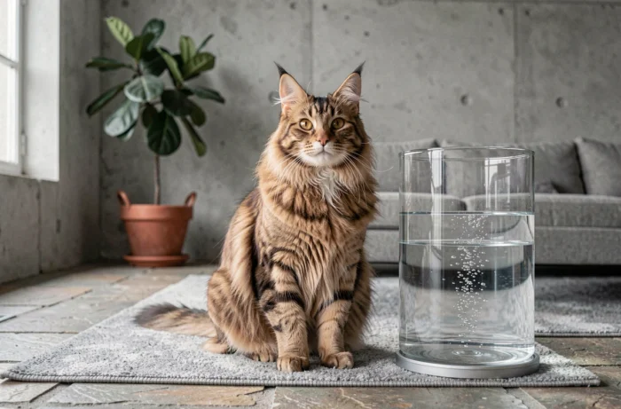Grand chat Maine Coon assis près d'un distributeur d'eau en verre dans un salon moderne, illustrant l'hydratation quotidienne du chat