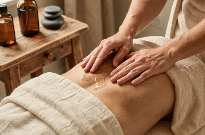 Gros plan sur les mains d'une masseuse appliquant de l'huile de massage lors d'une séance personnalisée à Paris