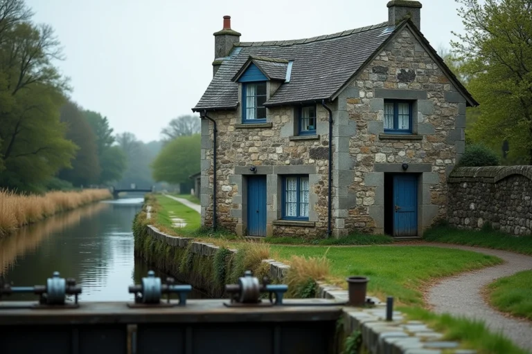 Maison éclusière en pierre de granit au bord d'un canal breton avec écluse en fer forgé et végétation dense