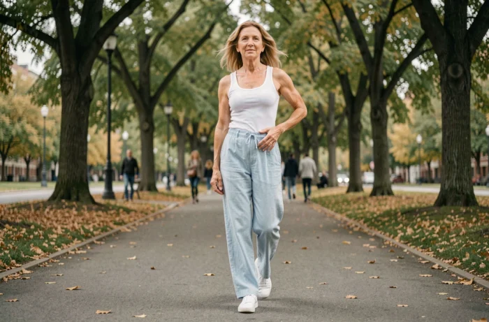 Femme marchant en plein air malgré une hernie foraminale lombaire, activité physique douce