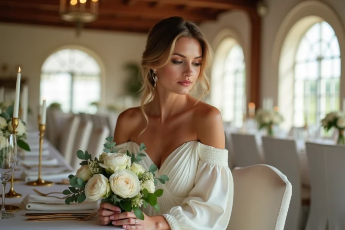 Mariée tenant un bouquet de pivoines blanches assise à une table de réception décorée avec élégance