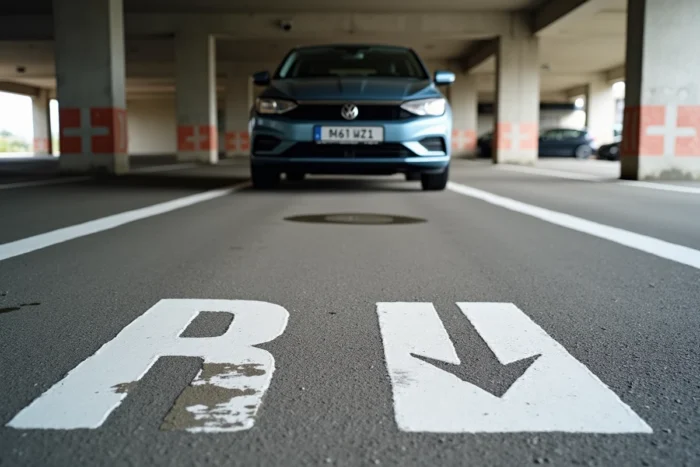 Marquages au sol et signalisation réglementaire d'une place de parking couverte en copropriété conforme aux normes en vigueur