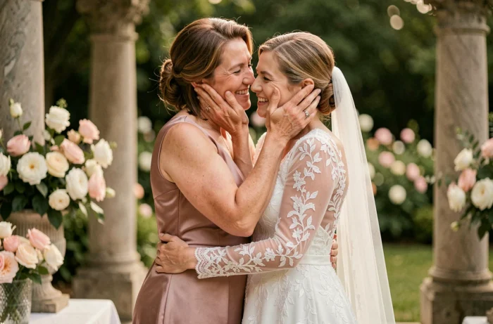Mère et mariée partageant un moment émouvant lors du mariage, la mère tenant tendrement le visage de sa fille en robe blanche
