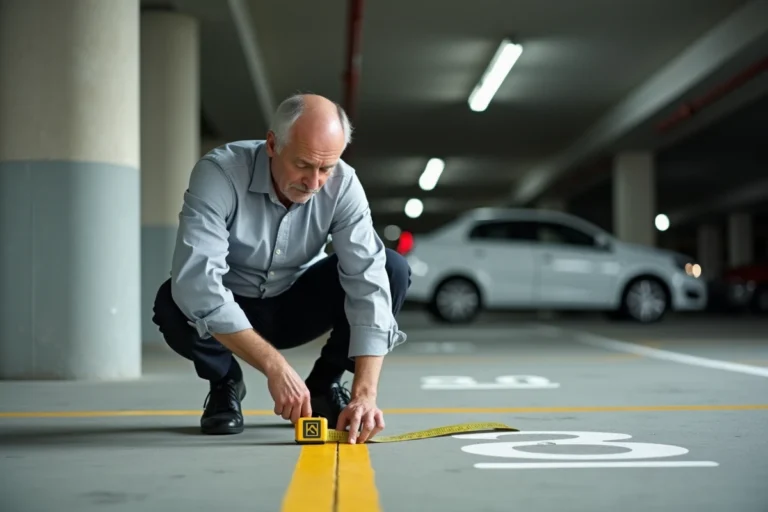 Un homme mesure la largeur d'une place de parking en sous-sol avec un mètre ruban pour vérifier la conformité aux normes de copropriété