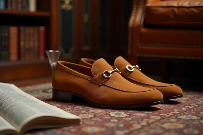 Détail de mocassins de luxe en daim fauve avec hardware doré posés sur un tapis en laine dans un bureau raffiné