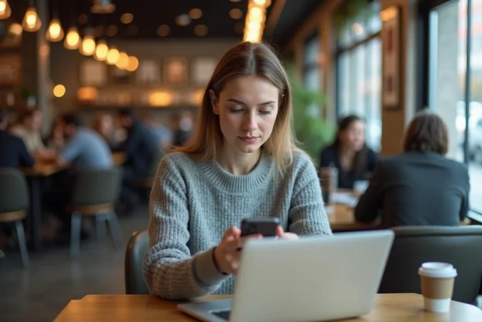 Femme naviguant de façon anonyme sur internet avec un smartphone et un ordinateur dans un café urbain