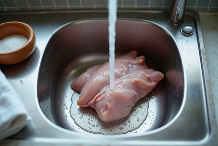 Rinçage de viande de poulet crue sous l'eau courante dans un évier en inox avec du sel pour éliminer les œufs de mouche