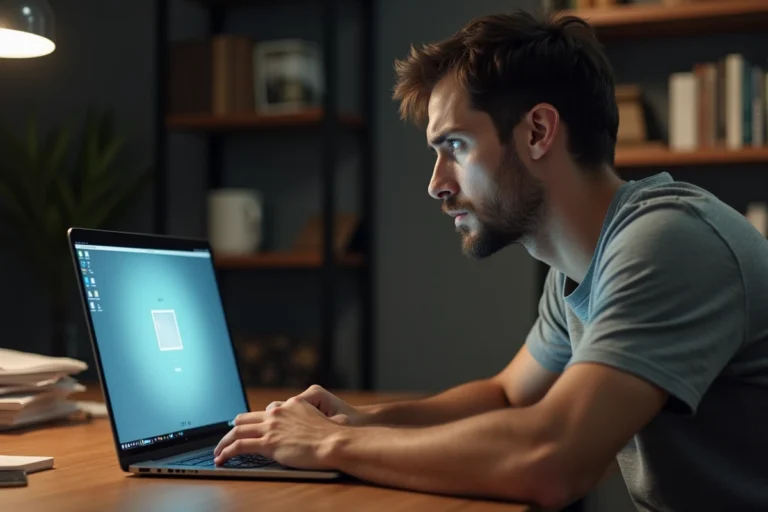 Homme frustré devant un ordinateur portable bloqué avec la touche Verr Maj activée sur le clavier
