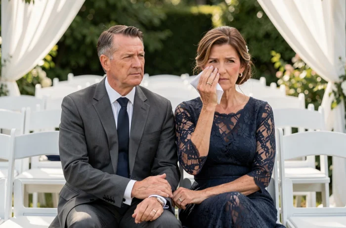 Les deux parents de la mariée assis côte à côte lors de la cérémonie de mariage, visiblement émus en regardant leur fille