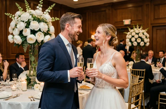Père et mariée riant ensemble lors de la réception de mariage, portant un toast avec des coupes de champagne dans une salle décorée