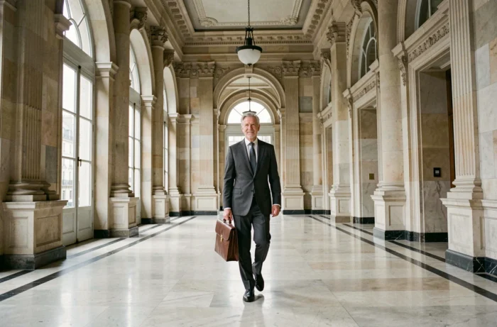 Homme en costume gris traversant le hall d'un bâtiment parisien prestigieux aux colonnes en marbre, illustrant l'influence et le rayonnement dans les cercles économiques français