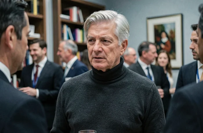 Homme élégant en col roulé gris lors d'un événement networking exclusif, illustrant l'influence discrète et le réseau d'une personnalité du monde des affaires