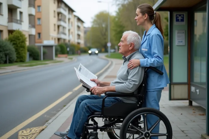 Personne âgée en fauteuil roulant électrique accompagnée d'une aide-soignante attendant à un arrêt de bus en banlieue française, mettant en lumière les enjeux de transport pour les PMR