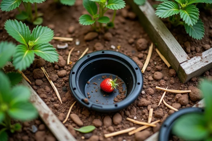 Piège enterré dans un potager pour capturer les carabes Pseudoophonus rufipes nuisibles