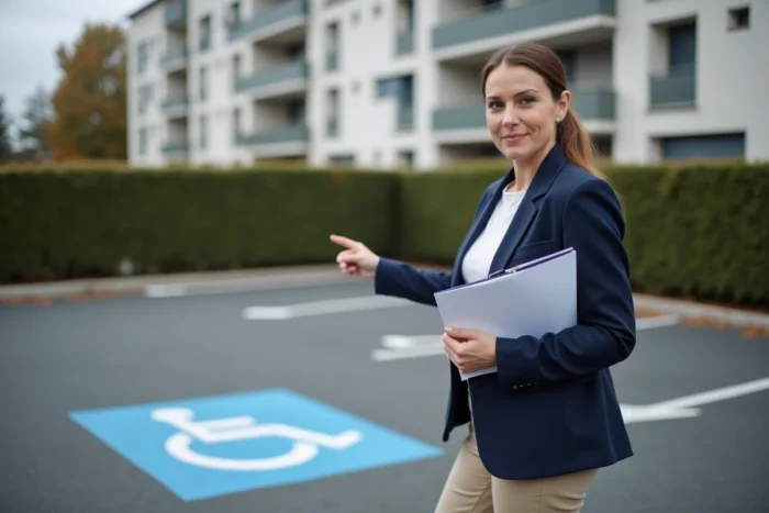 Une femme syndic vérifie la conformité d'une place de parking PMR dans un parking extérieur de copropriété résidentielle