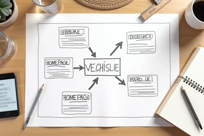 Vue aérienne d'un plan d'architecture de site web dessiné à la main sur un bureau minimaliste avec des outils de conception
