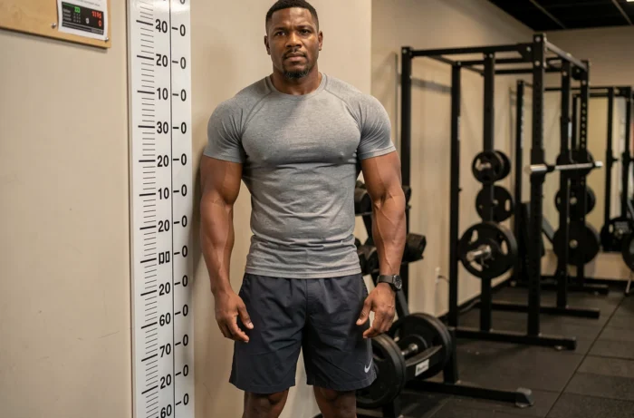 Athlète de catch mesurant sa taille et son poids dans une salle de sport professionnelle, représentant les mensurations d'une superstar du catch