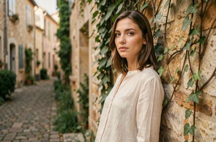Portrait éditorial d'une jeune femme en blouse ivoire devant un mur de pierre couvert de lierre dans un village français, style photo Anna Dray