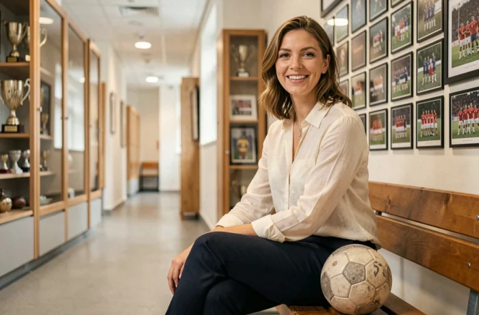 Portrait inspirant d'une handballeuse souriante en tenue décontractée dans le couloir d'un club sportif avec trophées en arrière-plan