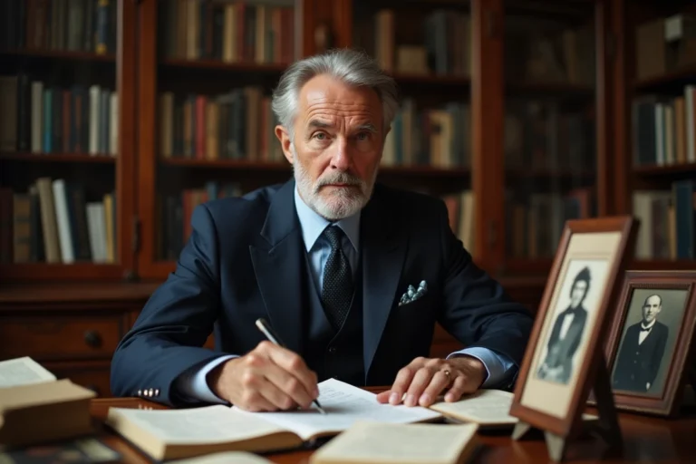 Portrait d'un homme distingué dans un bureau parisien classique évoquant l'héritage familial et culturel