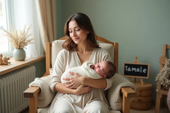 Jeune maman tenant son bébé dans une chambre de bébé décorée avec un prénom écrit sur un tableau noir