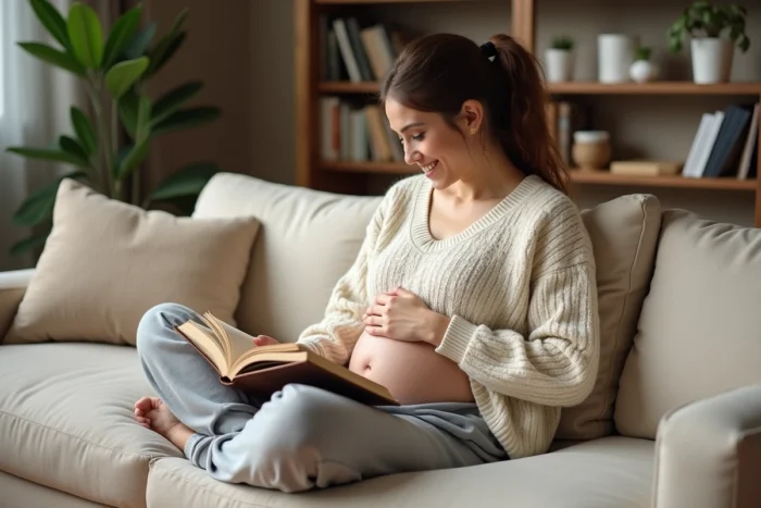 Femme enceinte souriante feuilletant un livre de prénoms de fille sur un canapé dans un salon cosy