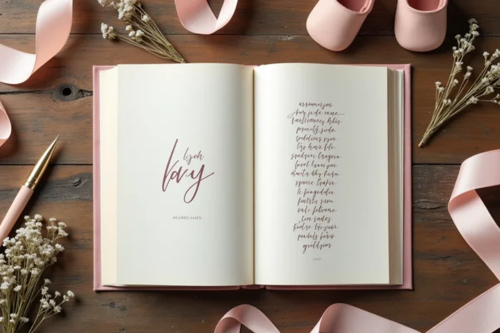 Livre de prénoms féminins ouvert avec calligraphie, chaussures de bébé roses et fleurs séchées sur une table en bois