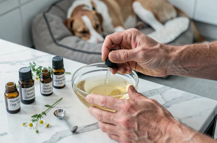 Préparation d'un mélange d'huiles essentielles naturelles pour traiter les démangeaisons d'un chien à la maison