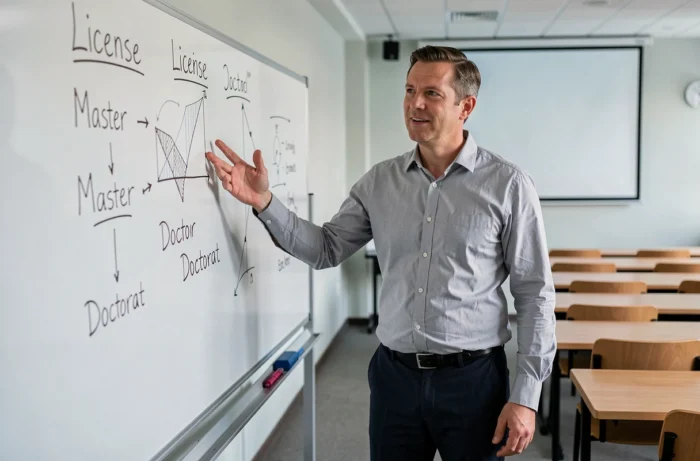 Professeur universitaire expliquant le système LMD devant un tableau blanc dans une salle de cours