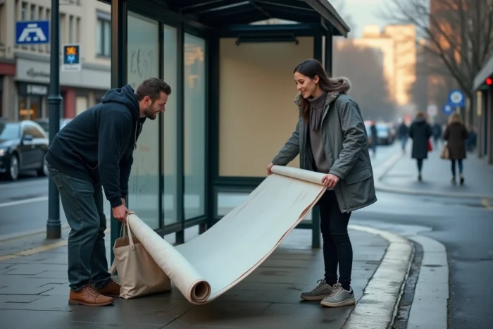 Deux personnes roulant une affiche publicitaire récupérée à côté d'un abribus vide tôt le matin
