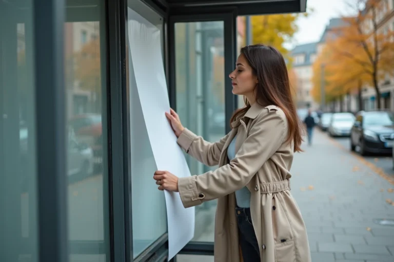 Femme récupérant une affiche publicitaire dans un abribus JCDecaux sur un trottoir urbain en automne