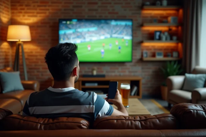 Homme en maillot de rugby regardant un match en direct sur sa télévision depuis son salon