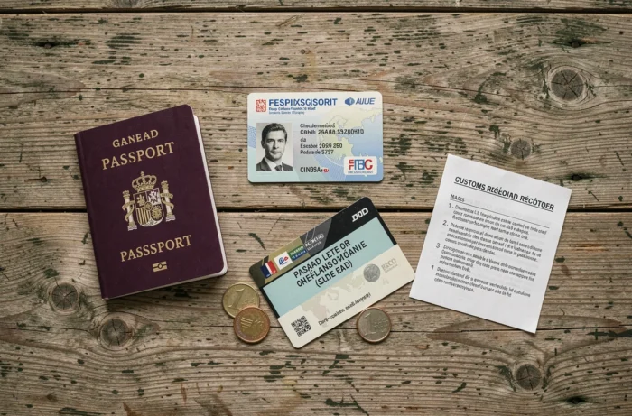 Documents d'identité français, pack de cigarettes espagnoles et euros posés sur une table en bois illustrant la réglementation douanière