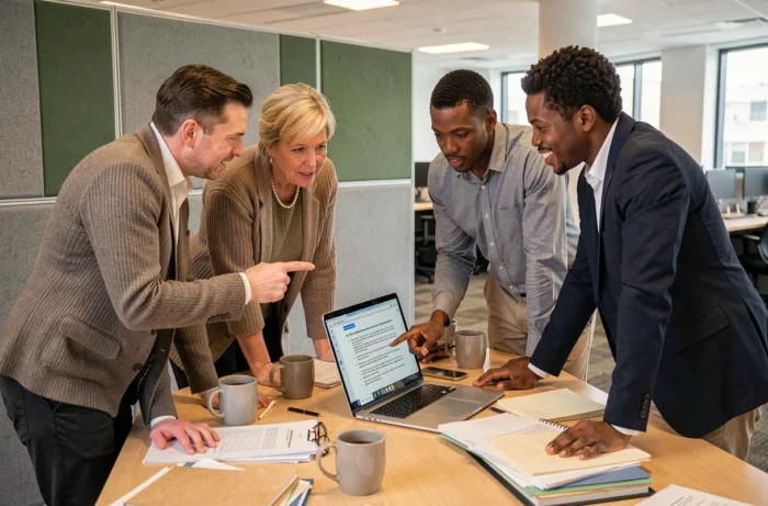 Groupe de salariés examinant un document sur les usages d'entreprise autour d'un ordinateur portable en open space