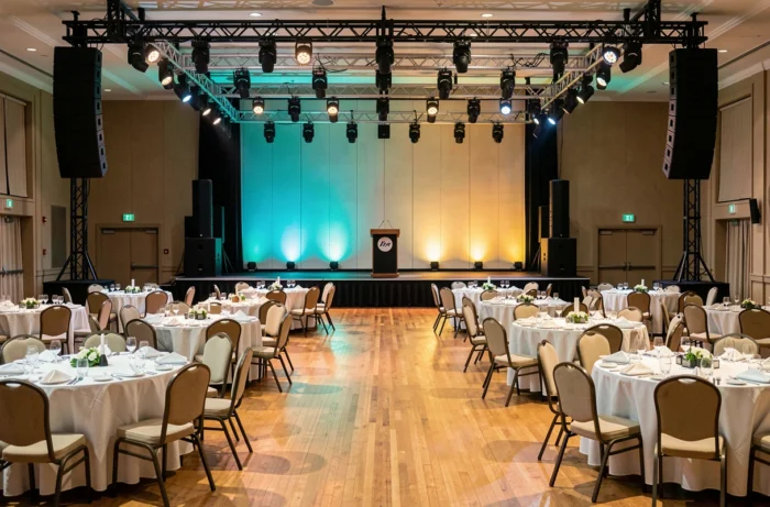 Salle événementielle professionnelle équipée d'un système audio et d'un éclairage de scène pour une conférence d'entreprise