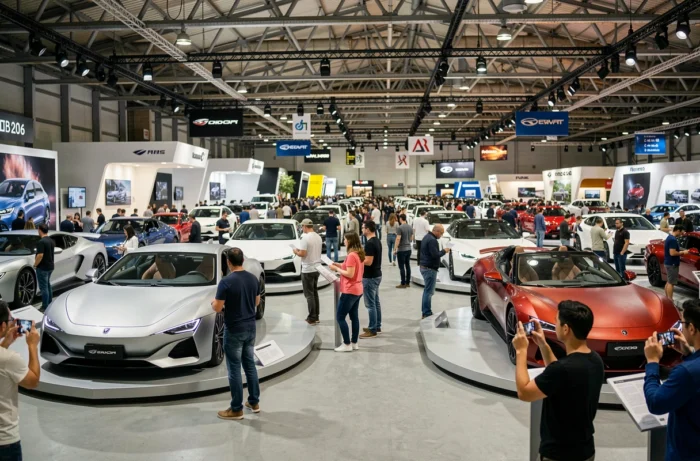 Salon international de l'automobile 2024 avec visiteurs découvrant des concept cars et nouveaux modèles sur des plateformes tournantes