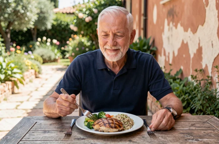 Homme âgé savourant un repas équilibré au poulet grillé en terrasse, illustrant les bienfaits nutritionnels pour les seniors