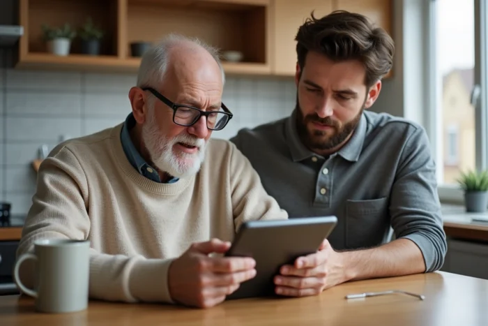 Senior apprenant à utiliser une tablette numérique avec l'aide d'un aidant à domicile