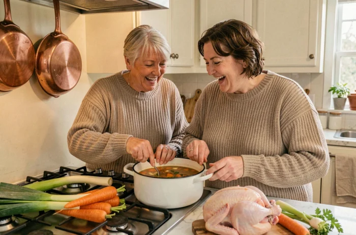 Deux femmes seniors préparant ensemble une soupe de poulet aux légumes, mettant en valeur les bienfaits du poulet pour la santé des personnes âgées