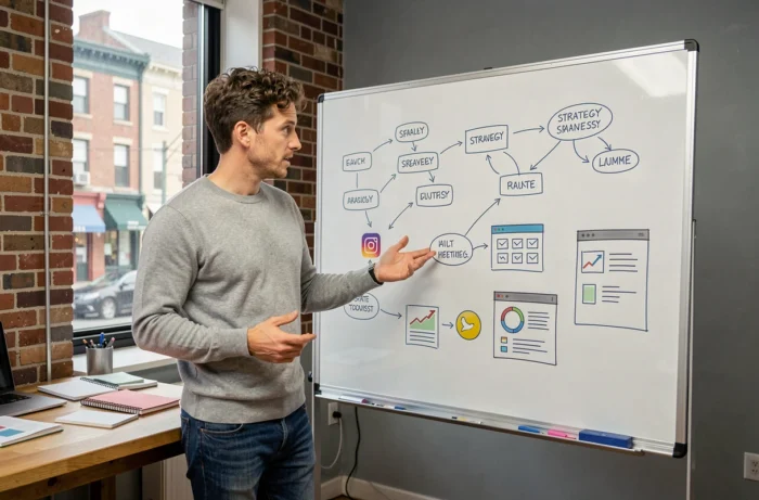 Jeune professionnel présentant une stratégie de visibilité en ligne sur un tableau blanc dans un studio créatif